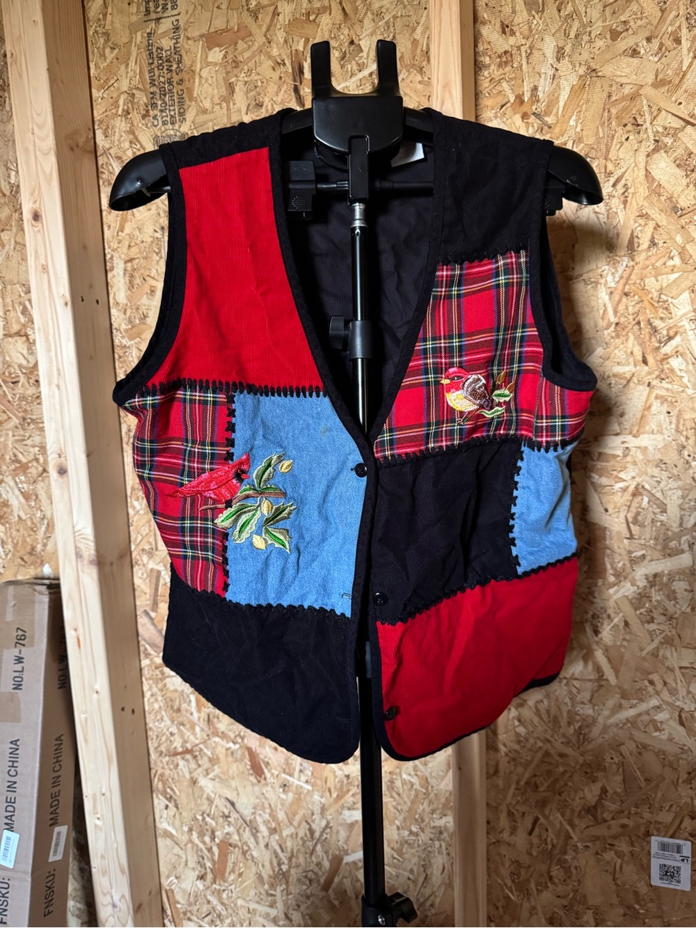 Patchwork Vest with Embroidered Birds - Red, Black & Blue Women’s Embroidered